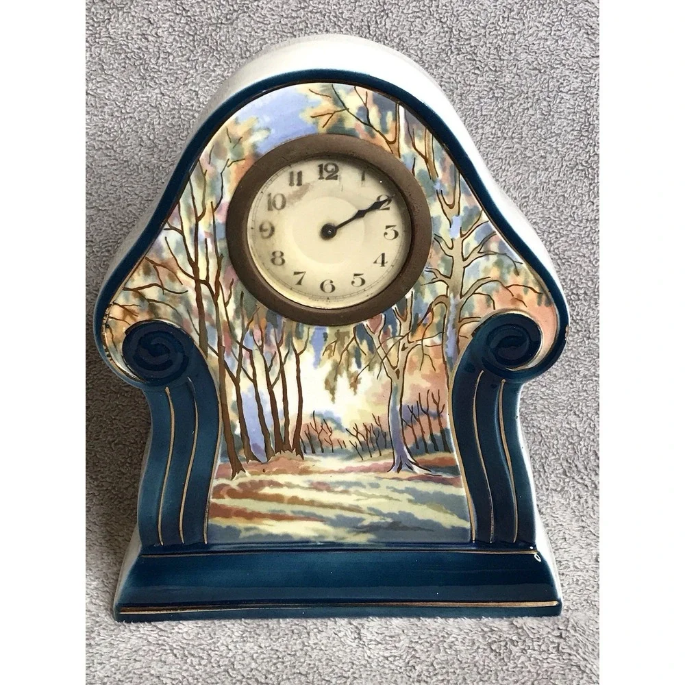 Vintage Landscape Painted Pottery Mantle Clock Germany Decor Art Nouveau‎